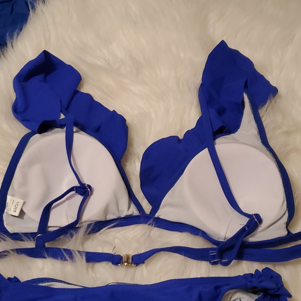 New Solid Ruffled Bikini Set Blue size L - Picture 7 of 8